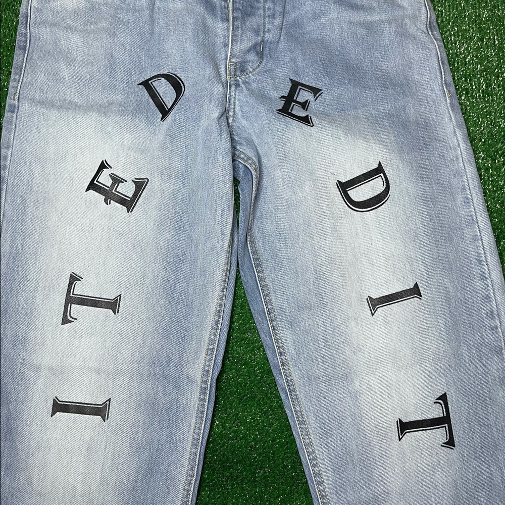 BooHooMAN Blue Relaxed Fit Font Graphic Jeans